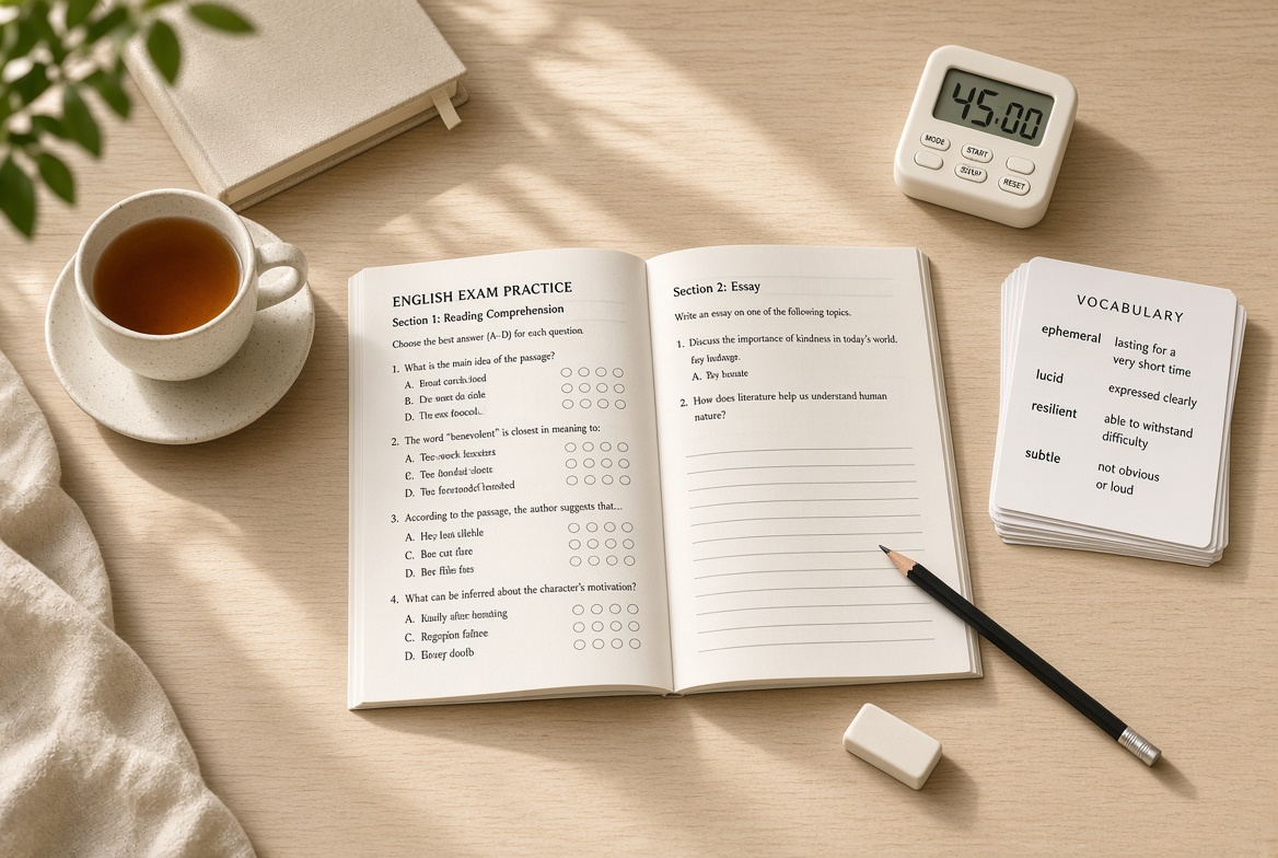 ОГЭ and ЕГЭ English — an exam practice book and a timer
