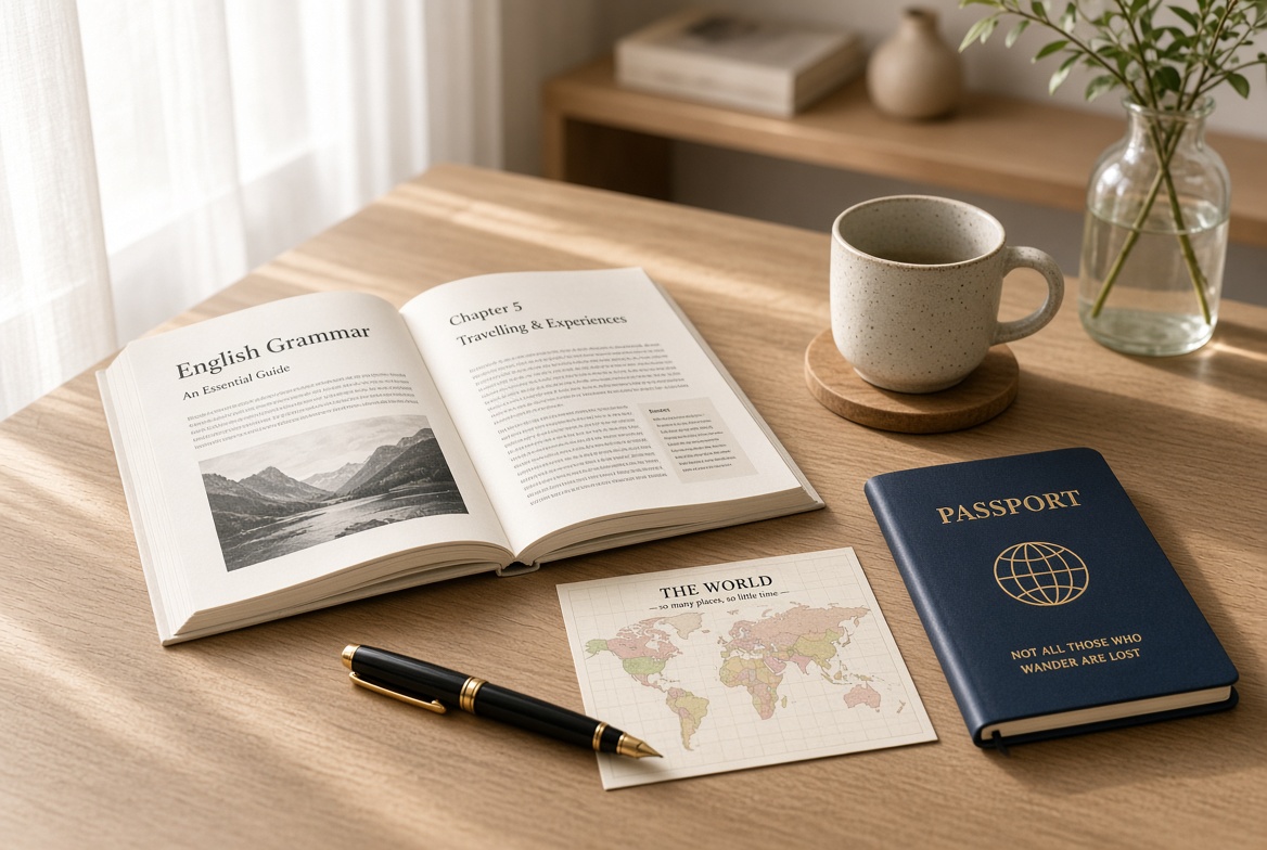English for work and moving abroad — a grammar book, a map and a passport